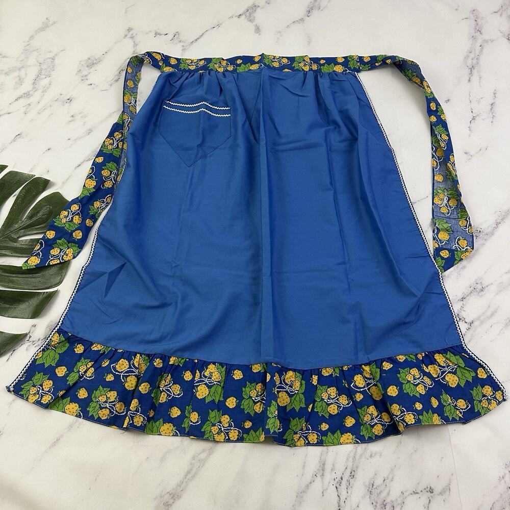 Vintage 80s Hostess Half Apron Blue Yellow Strawberry Floral Ruffle Cottage
